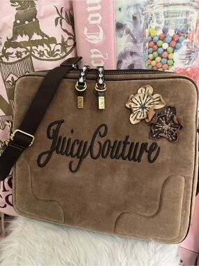 Y2K Vintage 2008 Juicy Couture Brown Velour Laptop Crossbody Bag Floral Logo